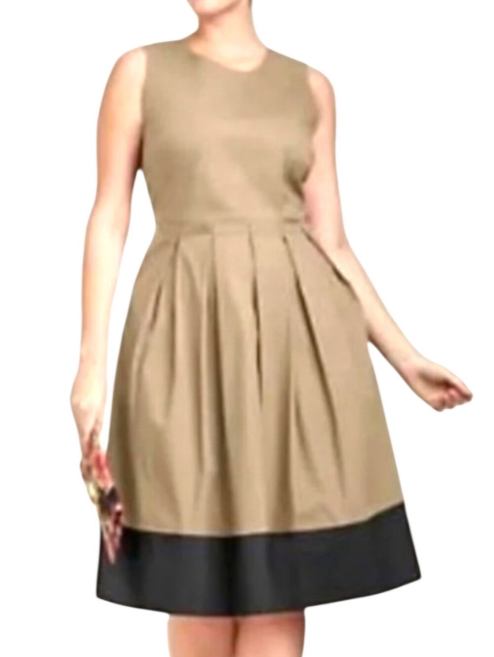 Talbots Khaki Pleated Fit & Flare Knee-length Dress Sleeveless Scoop-neck Size 2